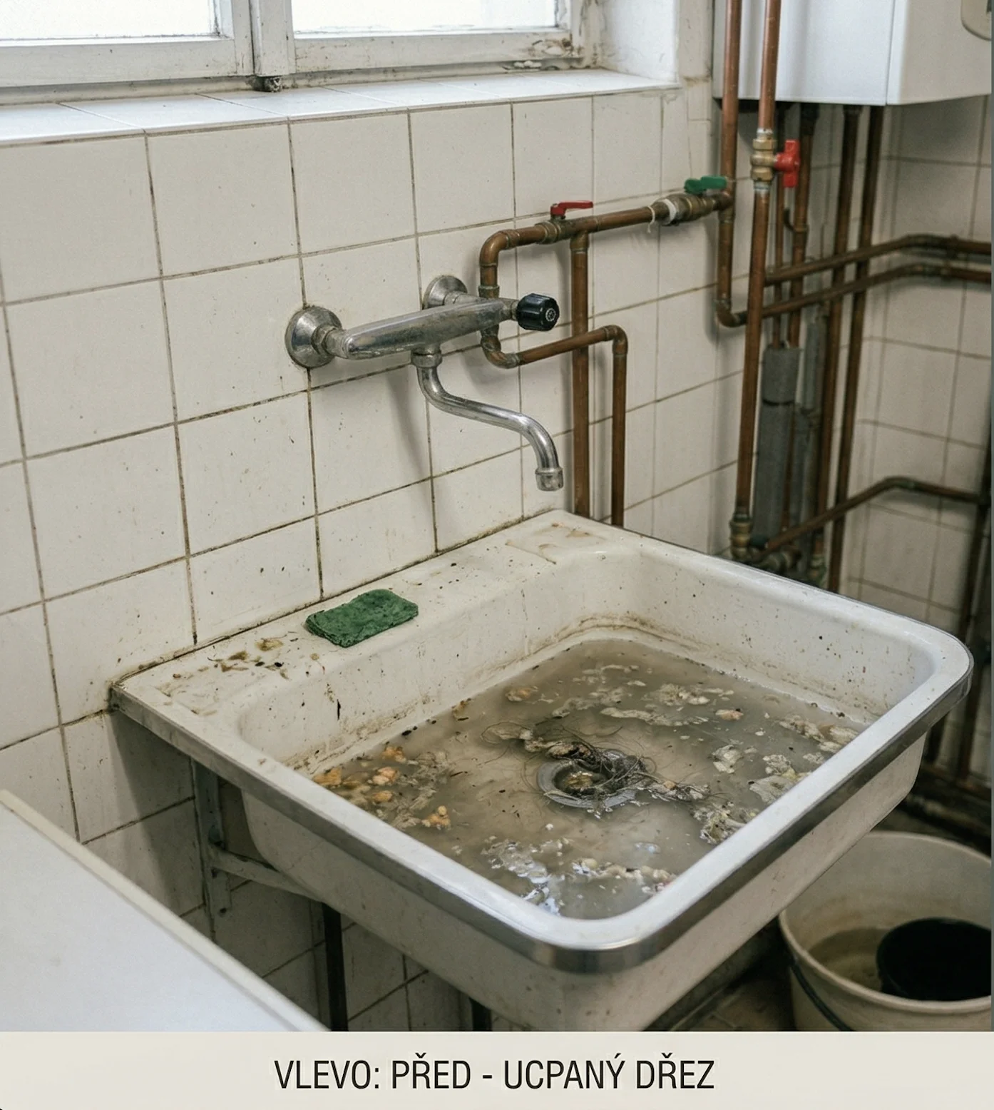 Ucpaný dřez před opravou — původní stav havárie